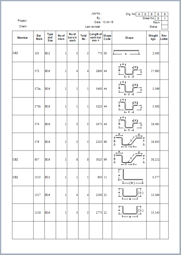 Dimensioned Sketch Schedule